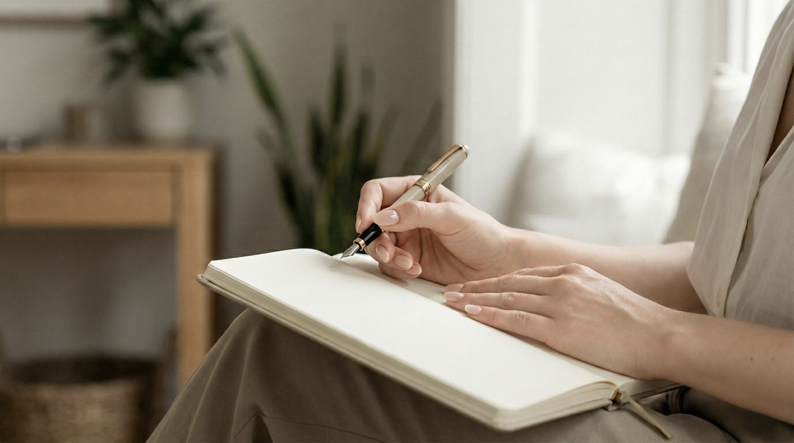 経済的自律を考える、手帳と万年筆の手元（窓辺の書斎）