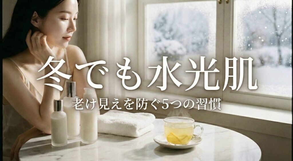 韓国の冬美容をイメージした水光肌ケア（スキンケアと温かいお茶の静物）