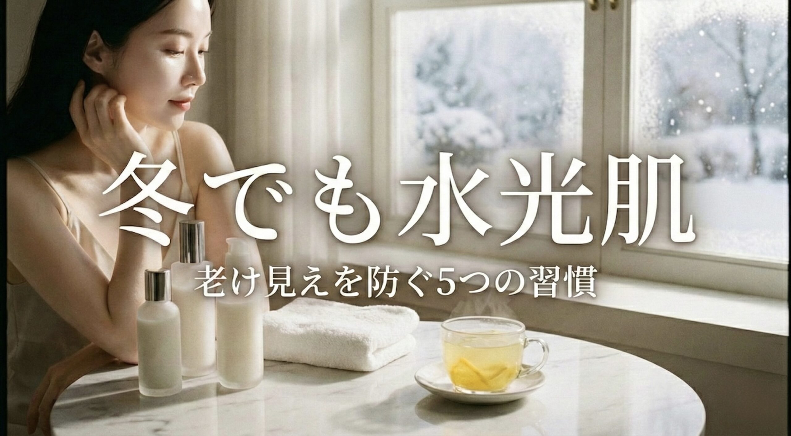 韓国の冬美容をイメージした水光肌ケア（スキンケアと温かいお茶の静物）